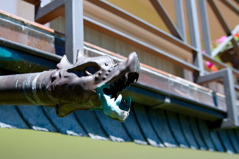 Gutter Guard Installation — Intricate dragon-headed drainpipe detail on an exterior home, showcasing artistic bronze design.